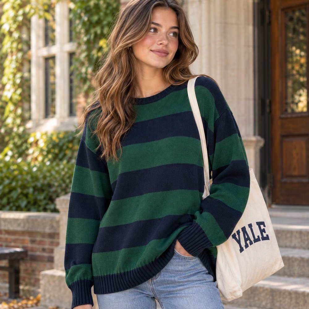 Brandy Melville Striped Sweater One Size Navy Green Oversized Preppy Rugby Beach